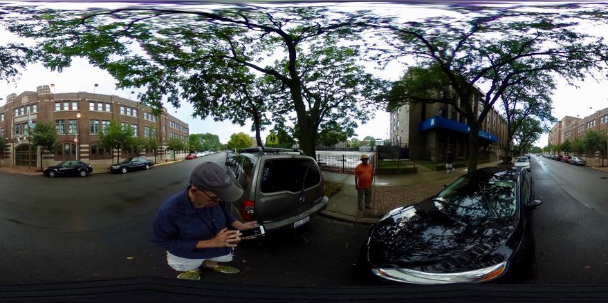 Professor Beeson and Col. Eugene Scott shoot a pano for the Google Expedition outside the Old 8th Illinois National Guard Armory in Bronzeville.